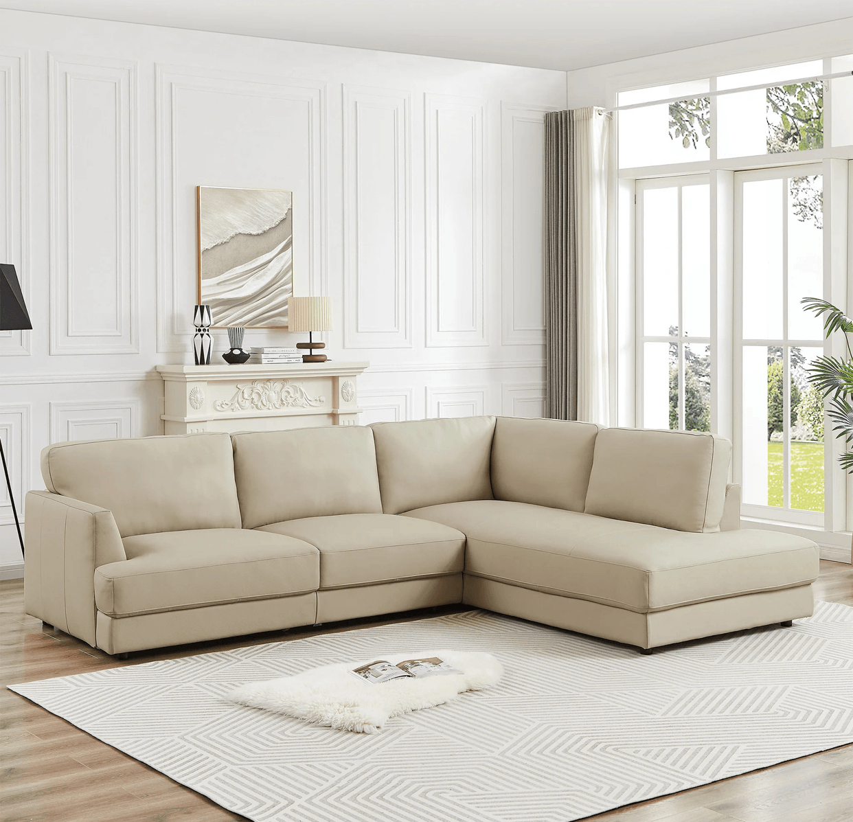 Glander Cream Leather Sectional Sofa Right Facing