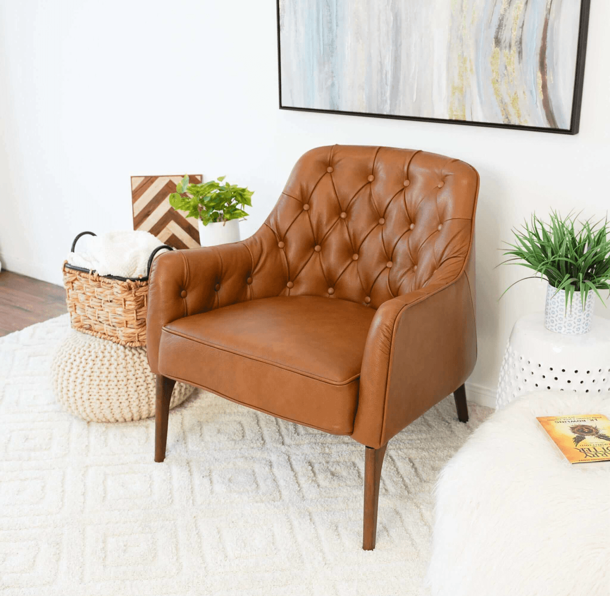 Joshua Tufted Tan Leather Lounge Chair